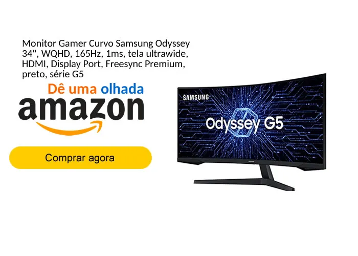 Monitor Gamer Curvo Samsung Odyssey 34", WQHD, 165Hz, 1ms, tela ultrawide, HDMI, Display Port, Freesync Premium, preto, série G5

Este super monitor Gamer Samsung, segue um cabo DisplayPort, cabo de energia, e manual do Usuário, tela LED, com tela tipo VA.

Atrás do monitor tem furação padrão VESA 75x75 (ou seja, espaçamento de 75mm) para ser parafusado num suporte ao invés de usar o pedestal que acompanha. O suporte pode ser um braço articulado, ou um suporte de parede, como um painel para TV tela plana.

Monitor Full HD e resolução máxima de 3,440 x 1,440.

Monitor com Tamanho da tela, 34 Polegadas, Resolução máxima do visor de 3440 x 1440 Pixels, marca SAMSUNG e Taxa de atualização 165 Hz, com tipo de visor	LCD.

Eye Saver Mode, Flicker Free, Picture By Picture, FreeSync Premium, Off Timer Plus, Screen Size Optmizer, Black Equalizer, Low Input Lag Mode, Refresh Rate Optimizor, Super Arena Gaming UX , Jogos Realistas, Samsung Gamer e Monte Seu PC Gamer, em, Brasil