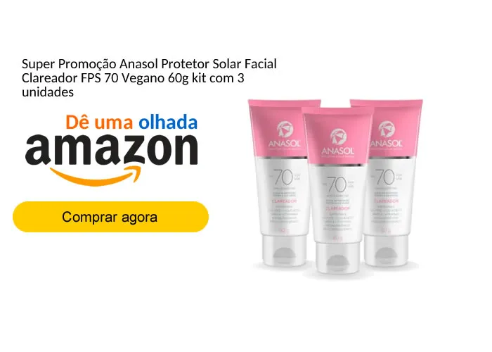 COMBO COMPOSTO POR 3 UNIDADES DE PROTETOR SOLAR FACIAL ANASOL CLAREADOR FPS70 VEGANO 60g Uso diário, para todo tipo de pele. 

Loção oil free com toque seco. 

Contém Niacinamida que auxilia no clareamento e uniformização da pele, Aloe Vera, Pró-Vitamina B5, Argila e Vitamina E que promovem hidratação, redução da oleosidade e neutralização dos radicais livres. Com ação antissinais, auxilia na prevenção das rugas, envelhecimento precoce e queimaduras causadas pelos raios solares. 

Contém proteção UVA equivalente a, no mínimo, 1/3 do FPS declarado (proteção UVB). Ajuda a proteger contra a luz visível e minimiza os danos mais profundos na pele causados pelos raios infravermelhos (IV), devido à ação antioxidante do produto. 

Oferece proteção muito alta. Dermatologicamente testado. Formulado de maneira a minimizar possível surgimento de alergia. MODO DE USAR: Agite antes de usar. Proteção imediata. Aplique abundantemente antes da exposição ao sol. 

Resistente à água: mantém a proteção solar por 40 minutos dentro da água. Reaplicar sempre, após sudorese intensa, nadar ou banhar-se, secar-se com toalha e durante a exposição ao sol.

É necessária a reaplicação do produto para manter a sua efetividade. Se a quantidade aplicada não for adequada, o nível de proteção será significativamente reduzido.

PRECAUÇÕES: Uso externo. Uso adulto. Ajuda a prevenir as queimaduras solares. Mantenha fora do alcance das crianças, em local seco e fresco. Evite contato com os olhos. Em contato com tecidos (roupas) pode causar manchas. Em caso de ingestão acidental do produto, procure um médico. Evite exposição prolongada das crianças ao sol. Este produto não oferece nenhuma proteção contra insolação. Suspenda o uso em caso de irritação na pele.

Contém 60g, Hidratante , Protetor Solar e Clareador, em, Brasil