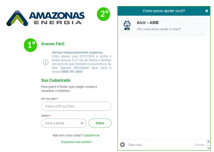 Para a emissão da segunda via da sua conta Amazonas Energia utilizando o 

Primeira alternativa:

1º) Acesse o Link clicando na imagem;
2º) Se você ja estiver cadastro acesse utilizando o seu CPF e a senha cadastrada;
3º) Se você não estiver cadastro clique em cadastra-se;
4º) Para se cadastrar, você vai precisar dos dados do TITULAR DA CONTA: idt, nome, nome da mãe, cpf, data nascimento, código matricula e um emial;
5º) Será necessário a criação de uma senha;
5º) Atende para o código de confirmação que ira chegar no seu email para validar o seu cadastro;
6º) Volte a tela de login e entre com o seu Cpf e a Senha cadastrada;
7º) Após o login as contas serão mostradas no painel para impressão;

Segunda alternativa:

Site para acesso ao bot:

Ele encontra-se na parte direita inferior da tela, você pode acessar para solicitar a sua segunda via de conta Manaus Energia sem a necessidade do cadastro apenas com o CPF e código único ou matricula.

https://website.amazonasenergia.com/

1º) Utilize o bot para acessar a sua conta;
2º) Entre com seu CPF ou Matrícula;
3º) As perguntas serão feitas: Data Nascimento ou identidade;
4º) Após a confirmação serão mostradas as faturas em abertas para emissão e impressão;

, Energia solar orçamento, Painéis energia solar e Comprar kit energia solar, em, Brasil