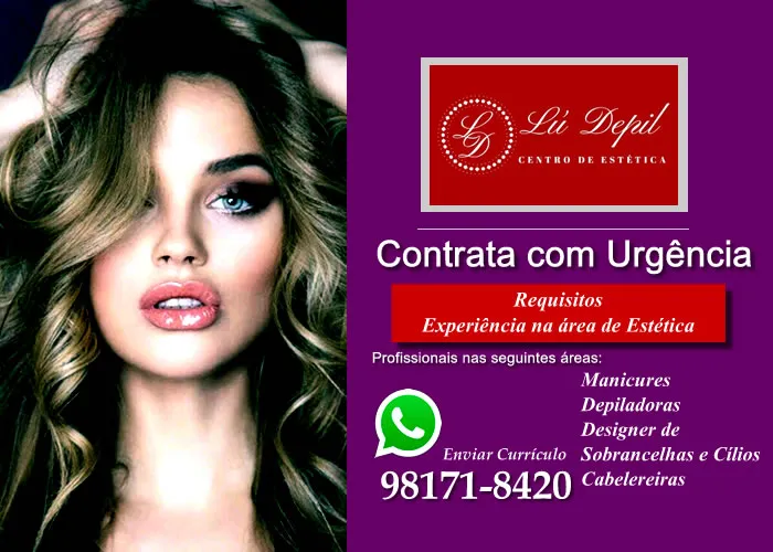 Salão Lú Depil contrata profissionais para o seu quadro de colaboradores:

Requisitos: 

Preferencialmente que resida na zona norte de Manaus.

Profissionais com experiência na área de estética. 

Cursos na área de estética e beleza. 

Enviar curriculo para entrevista via Whatsapp.

92 98171-8420(Leudimar)
Email: leudimarg409@gmail.com, Procedimentos Estéticos, Depilação definitiva e Esteticista salão , em, Brasil