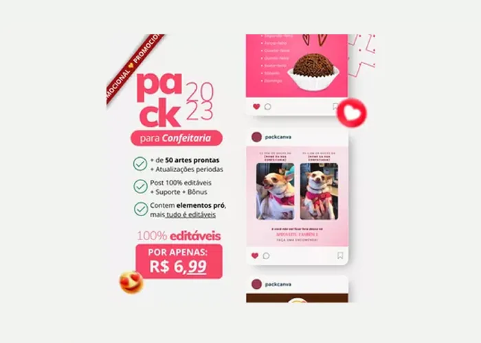Nosso material foi criado pensando em você que trabalha com Confeitaria e deseja divulgar seu negócio de forma profissional nas redes sociais. Com nossas artes profissionais e editáveis, você pode criar peças incríveis e personalizadas, com imagens, cores, texturas e textos da sua preferência., Ebook para confeitaria, Artes para confeitaria e Curso confeitaria, em, Brasil