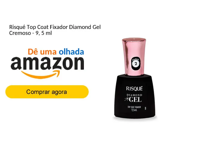 Melhor oportunidade para comprar um Top Coat Fixador Risqué, linha Diamond Gel, essa é a hora certa. O Top Coat Gel Risqué tem alta durabilidade, pincel que facilita a aplicação, secagem rápida e alta cobertura. O Top Coat Diamond também é hipoalergênico. Combine o uso com as cores Diamond Gel. Compre online um Top Coat Fixador Risqué!

Risqué Top Coat Fixador Diamond Gel Cremoso recomendado para dar o acabamento ressaltando ainda mais o brilho do esmalte, ajudar na fixação e secagem.


Produto da Marca Risqué, diversas cores com acabamento Cremoso, hipoalergênico, Volume líquido 	9.5 Mililitros, Dimensões do item C x L x A e 40 x 23 x 77 milímetros com peso de 52 Gramas


Risqué Top Coat Fixador Diamond Gel Cremoso é ótimo, fino, seca rápido e bem pigmentado, tem Alta durabilidade, Pincel que facilita a aplicação, Secagem rápida, Alta cobertura e Hipoalergênico




, Esmalte efeito Gel, Pincel 3D e Decoração de Unhas, em, Brasil