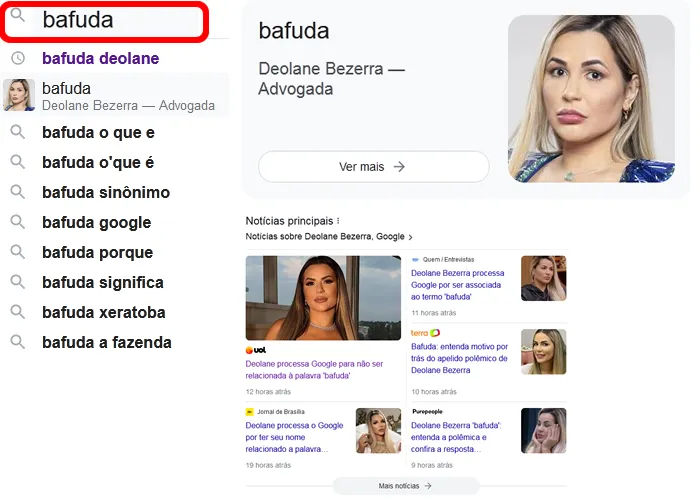 A advogada Deolane Bezerra, processou o google para que o mesmo faça a remoção do seu nome dos resultados de Pesquisa que relacionam seu nome  Deolane Bezerra com  Bafuda.

No seu pedido inicial a advogada alegou que não suporta mais ver seu nome relacionado ao termo e que o mesmo vem trazendo constrangimentos a sua pessoal.

O Google sempre irá exibir as informações mais atualizadas dos termos pesquisados, sempre que você procurar pelo termo "Deolane" "Bafuda" , os motores do Google e seus algoritmos sempre irão relacionar as noticias mais recentes.

Quanto mais conteúdo gerado pelos sites, mais o Google ira enriquecer seu banco de dados para exibir conteúdo relacionado.

Para exibir resultados relevantes, precisamos entender o que você está procurando, ou seja, o objetivo da consulta. Para isso, criamos modelos de linguagem para tentar decifrar como as poucas palavras digitadas na caixa de pesquisa podem corresponder ao conteúdo mais útil disponível.


Saiba que é possível o Google indexar nos seus resultados de pesquisas um simples documento criado no bloco de notas e mostrar no primeiro lugar de pesquisa.
 , Como parar de fumar, Manter hálito puro e Bafuda como resolver, em, Brasil