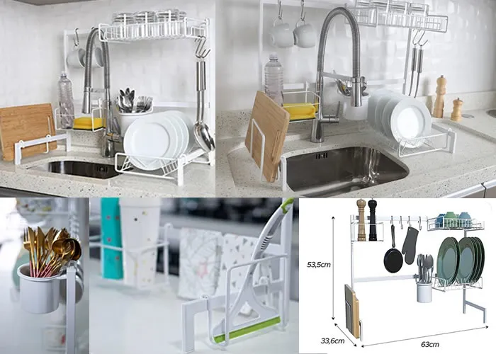 COZINHA SUSPENSA AUTO-SUSTENTÁVEL MODULAR - LANÇAMENTO - 14 PEÇAS NÃO NECESSITA DE FUROS NA PAREDE. O kit de utensílios Cozinha Modular Auto Sustentável da DiCarlo foi um produto pensado para deixar a sua cozinha mais organizada e sofisticada. 

Possui um compacto escorredor de louças que otimiza muito o espaço em sua cozinha. O visual é moderno, aumenta sua organização, além de ser feito 100% em aço REFORÇADO e com pintura epóxi com tratamento antiferrugem. 

Você vai adorar e sua cozinha vai ficar linda! Fácil de instalar e montar; Sem precisar furar a parede Fabricado 100% em aço.  

Ideal para facilitar sua organização na bancada da cozinha. ? Não necessita furar, fácil de montar. 

Auto-sustentação, com auxílio de "pés" para pôr na bancada da pia. ? Extensor de altura, 8,5cm ? Suporta até 20kg. 

Pintura epóxi. MEDIDAS Dimensões: 63 cm (comprimento) - 33,6 cm (largura) - 53,5 cm (altura) CONTEÚDO: Kit Cozinha Modular 04 ganchos 01 quadro sustentável 02 extensores de altura 02 pés de sustentação 01 porta detergente 01 cesto suspenso 01 porta talheres 01 porta pratos 01 porta tábua 

FICHA TÉCNICA Marca: DiCarlo Material: 100% Aço Cor/Acabamento: Branco



, Porta Talher, Porta Pratos e Escorredores de Louça , em, Brasil