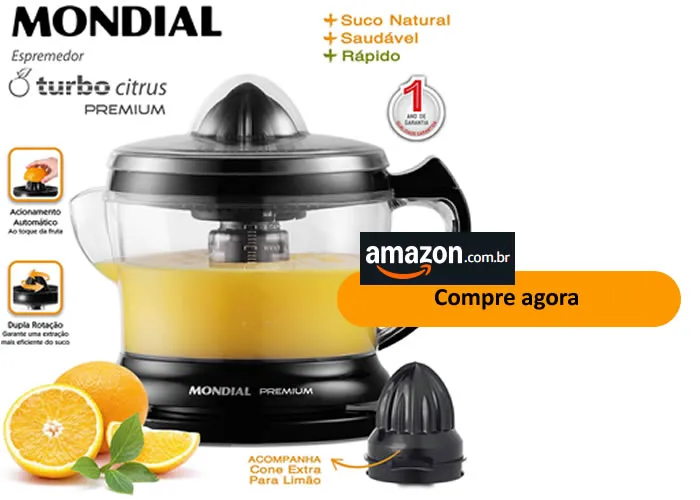 O que diz a Mondial sobre Espremedor Premium, Mondial, Preto, 30W, 110V - E-02:

Descrição do produto

Com o Espremedor Turbo Citrus Premium Mondial E-02 você faz sucos deliciosos de forma rápida e preserva o frescor da fruta. A capacidade de 1,25 litros produz bastante suco e basta pressionar a fruta no espremedor para acionar o equipamento. Acompanha cone extra para você escolher seu suco favorito, com o máximo rendimento. Conta ainda com dupla rotação e tampa de proteção. Saiba mais sobre o E-02 da Mondial:

CAPACIDADE DE 1,25 LITROS: Capacidade para preparar sucos para toda a família. Prepara até 4 copos de uma vez!

JARRA RESISTENTE: A jarra transparente é resistente e facilita a visualização do suco durante o preparo.

ACIONAMENTO AUTOMÁTICO: Proporciona mais eficiência e agilidade ao toque da fruta.

DUPLA ROTAÇÃO: Gira automaticamente nos dois sentidos e facilita a extração do suco.

2 CONES PARA EXTRAÇÃO + PENEIRA: O cone maior é ideal para preparar sucos de laranja. Acompanha cone extra para frutas menores, como limão, sem gominhos.

TAMPA DE PROTEÇÃO: Mais segurança e facilidade no manuseio.

GUARDA-FIO: Permite ajustar o comprimento do fio e facilita o armazenamento.

TOTALMENTE DESMONTÁVEL: Mais facilidade para lavar e guardar.

UM ANO DE GARANTIA MONDIAL: A Mondial é a escolha de milhões de consumidores. Mondial, a escolha inteligente!, Echo Dot 5ª geração,  Cadeira de Escritório e Microfone para jogos , em, Brasil