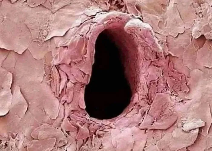 Olhe para essa imagem, e antes de continuar lendo pare pra pensar o que pode ser isso.

Pois bem, isso é um buraco feito por uma agulha de aplicação de injeção na pele humana visto através de um microscópio eletrônico.

Esse buraco fica quando tomamos injeção ou tiramos sangue para exames., Seguro de vida, Pronto Atendimento saúde e importância do seguro de vida, em, Brasil